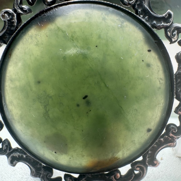 Vintage Nephrite Green Jade Brooch Silver 900  ORNATE Filigree Oval Pin 1930's - Picture 6 of 6